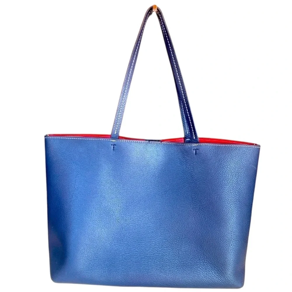TORY BURCH Navy Blue Leather Perforated Logo Tote, Authentic. EUC